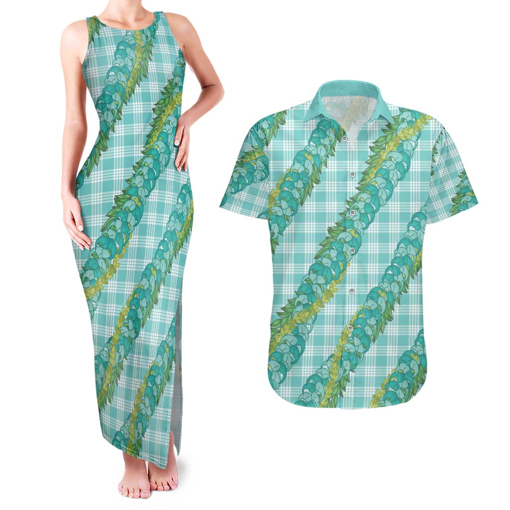 Hawaii Jade Vine Lei Couples Matching Tank Maxi Dress and Hawaiian Shirt Aloha Palaka Motif - Turquoise LT14 Turquoise - Polynesian Pride