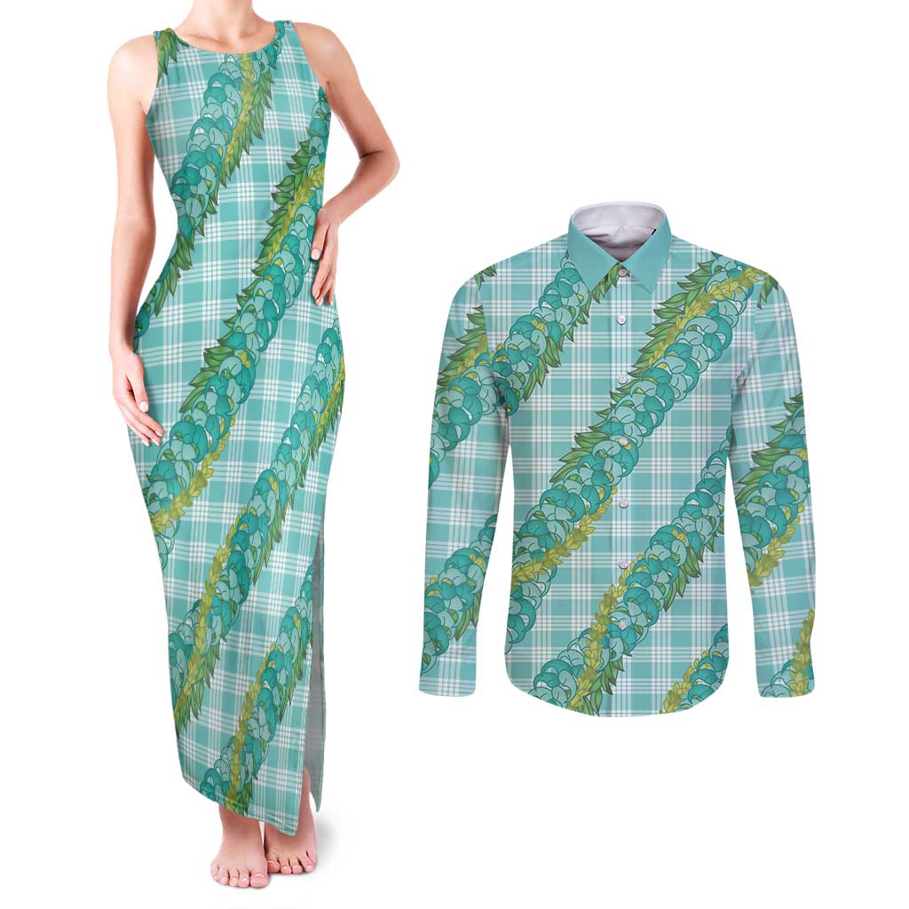 Hawaii Jade Vine Lei Couples Matching Tank Maxi Dress and Long Sleeve Button Shirt Aloha Palaka Motif - Turquoise LT14 Turquoise - Polynesian Pride