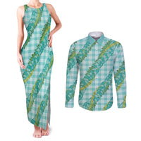Hawaii Jade Vine Lei Couples Matching Tank Maxi Dress and Long Sleeve Button Shirt Aloha Palaka Motif - Turquoise LT14 Turquoise - Polynesian Pride
