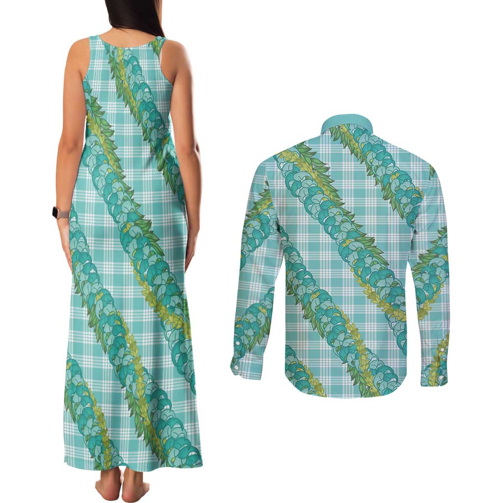 Hawaii Jade Vine Lei Couples Matching Tank Maxi Dress and Long Sleeve Button Shirt Aloha Palaka Motif - Turquoise LT14 - Polynesian Pride