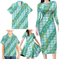 Hawaii Jade Vine Lei Family Matching Long Sleeve Bodycon Dress and Hawaiian Shirt Aloha Palaka Motif - Turquoise LT14 - Polynesian Pride