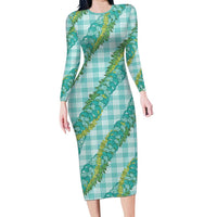 Hawaii Jade Vine Lei Family Matching Long Sleeve Bodycon Dress and Hawaiian Shirt Aloha Palaka Motif - Turquoise LT14 Mom's Dress Turquoise - Polynesian Pride