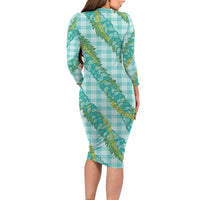 Hawaii Jade Vine Lei Family Matching Long Sleeve Bodycon Dress and Hawaiian Shirt Aloha Palaka Motif - Turquoise LT14 - Polynesian Pride
