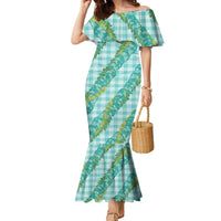 Hawaii Jade Vine Lei Family Matching Mermaid Dress and Hawaiian Shirt Aloha Palaka Motif - Turquoise LT14 Mom's Dress Turquoise - Polynesian Pride