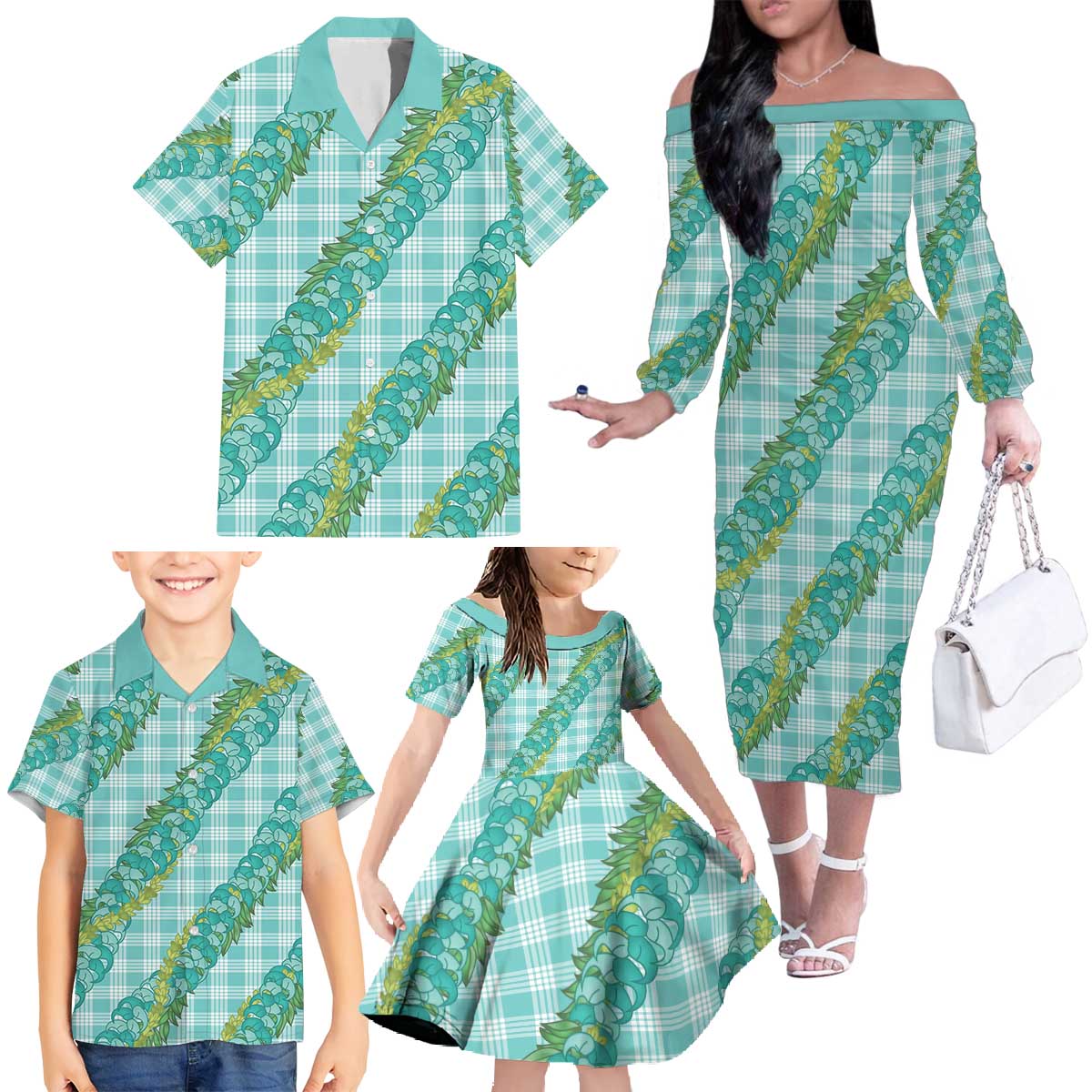 Hawaii Jade Vine Lei Family Matching Off The Shoulder Long Sleeve Dress and Hawaiian Shirt Aloha Palaka Motif - Turquoise LT14 - Polynesian Pride