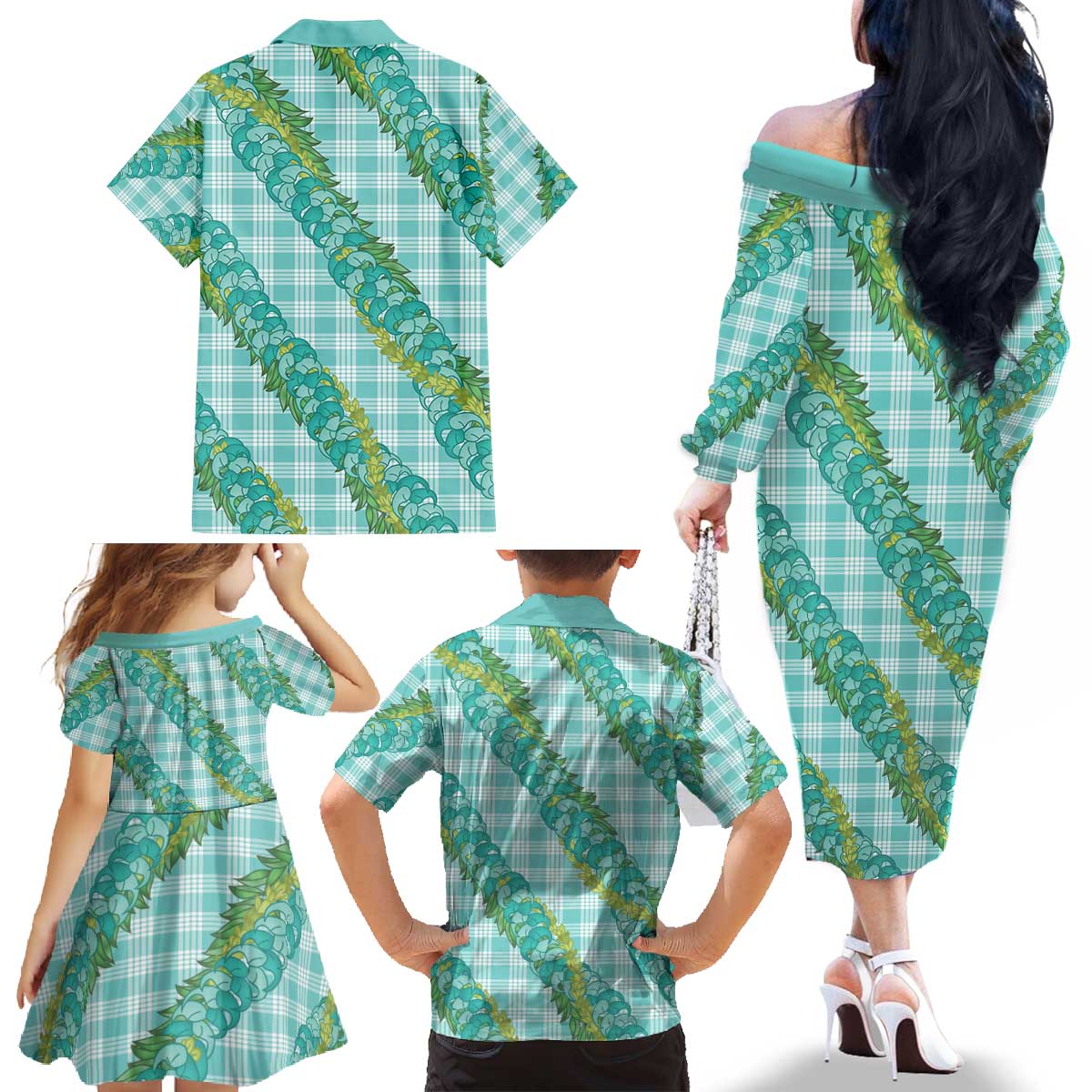 Hawaii Jade Vine Lei Family Matching Off The Shoulder Long Sleeve Dress and Hawaiian Shirt Aloha Palaka Motif - Turquoise LT14 - Polynesian Pride