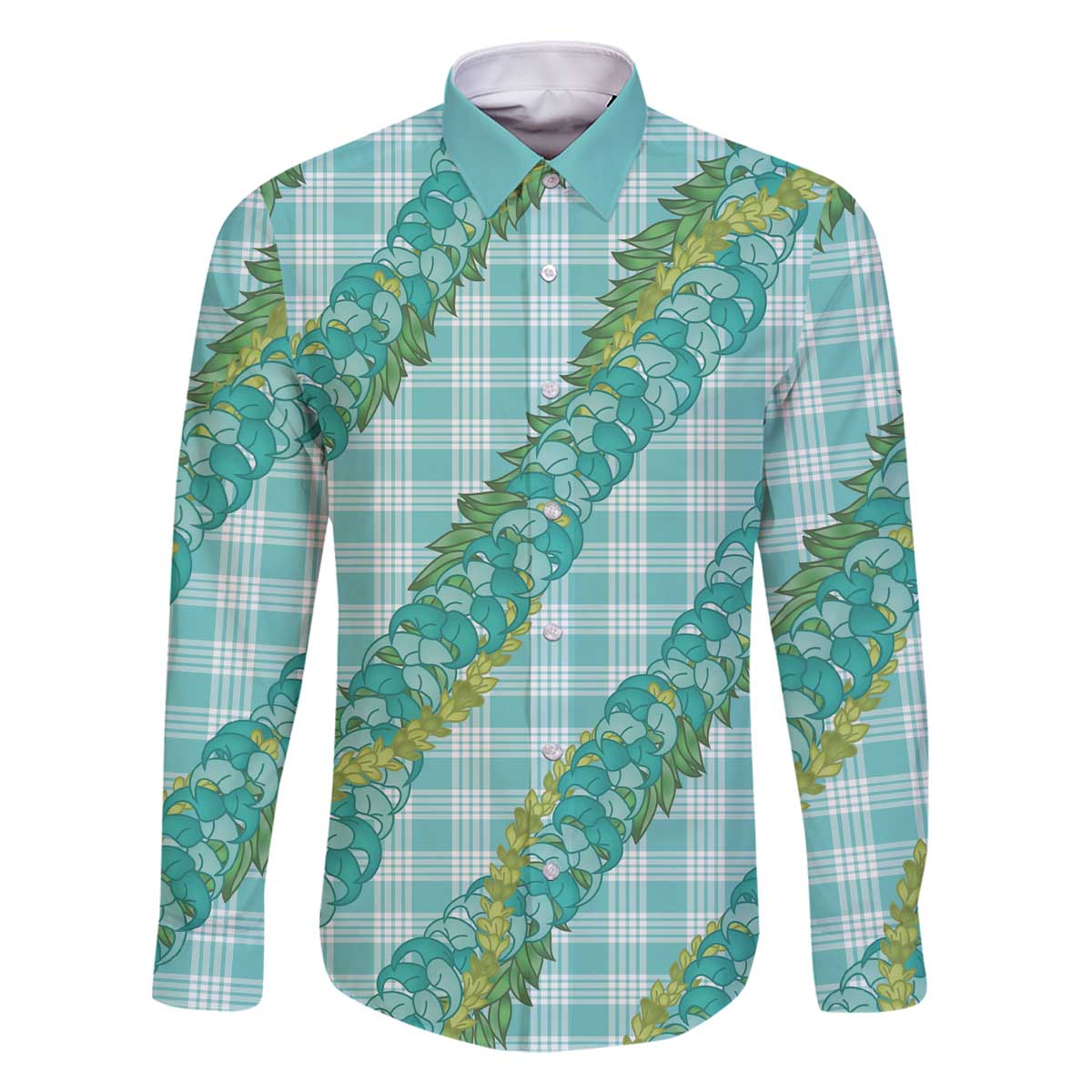 Hawaii Jade Vine Lei Family Matching Off The Shoulder Long Sleeve Dress and Hawaiian Shirt Aloha Palaka Motif - Turquoise LT14 Dad's Shirt - Long Sleeve Turquoise - Polynesian Pride