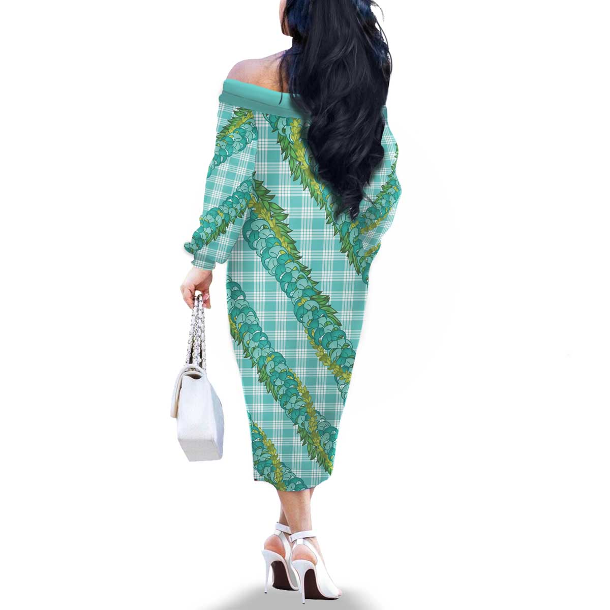 Hawaii Jade Vine Lei Family Matching Off The Shoulder Long Sleeve Dress and Hawaiian Shirt Aloha Palaka Motif - Turquoise LT14 - Polynesian Pride