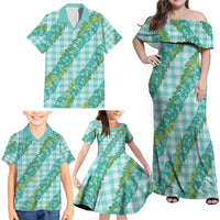 Hawaii Jade Vine Lei Family Matching Off Shoulder Maxi Dress and Hawaiian Shirt Aloha Palaka Motif - Turquoise LT14 - Polynesian Pride