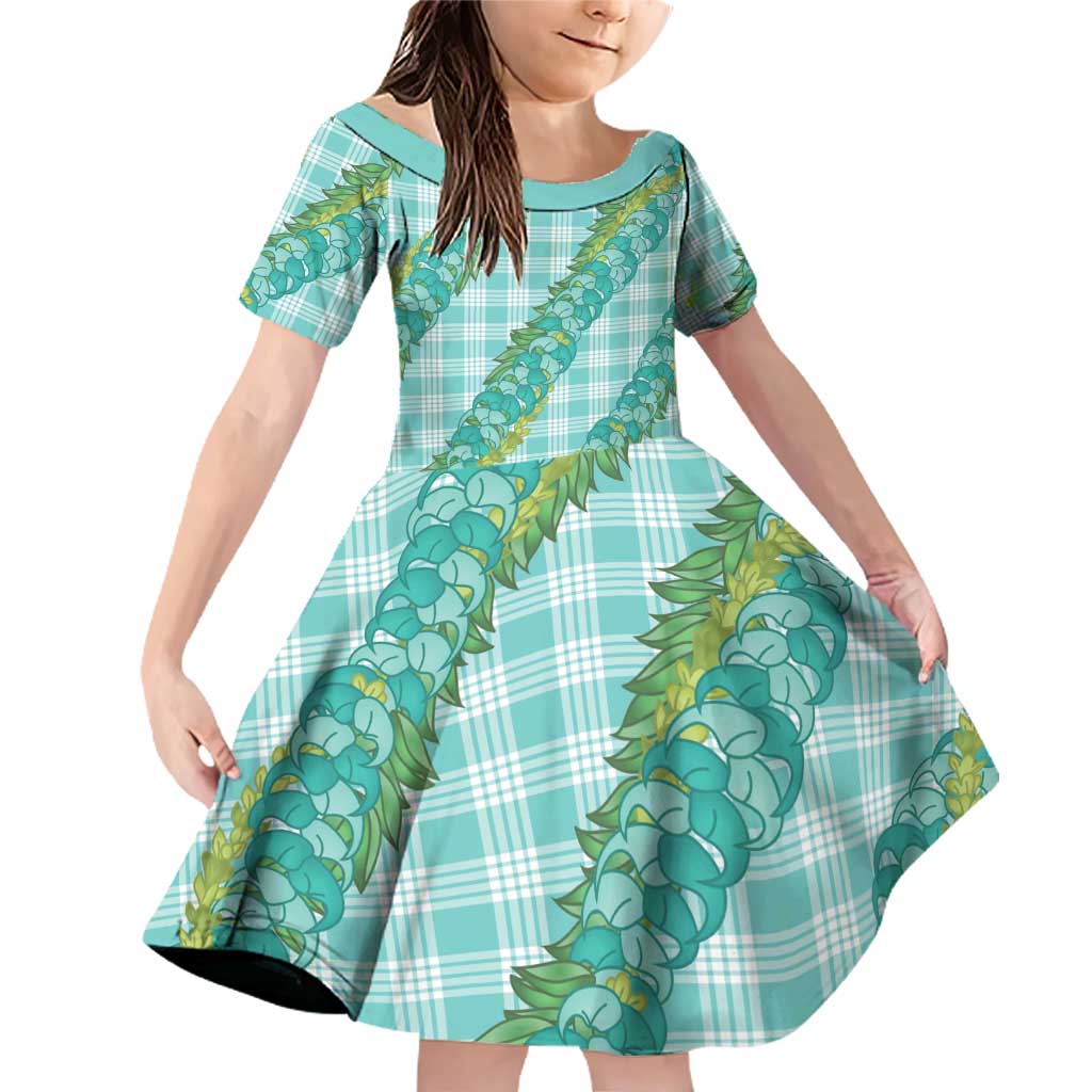 Hawaii Jade Vine Lei Family Matching Off Shoulder Short Dress and Hawaiian Shirt Aloha Palaka Motif - Turquoise LT14 Daughter's Dress Turquoise - Polynesian Pride
