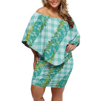 Hawaii Jade Vine Lei Family Matching Off Shoulder Short Dress and Hawaiian Shirt Aloha Palaka Motif - Turquoise LT14 Mom's Dress Turquoise - Polynesian Pride