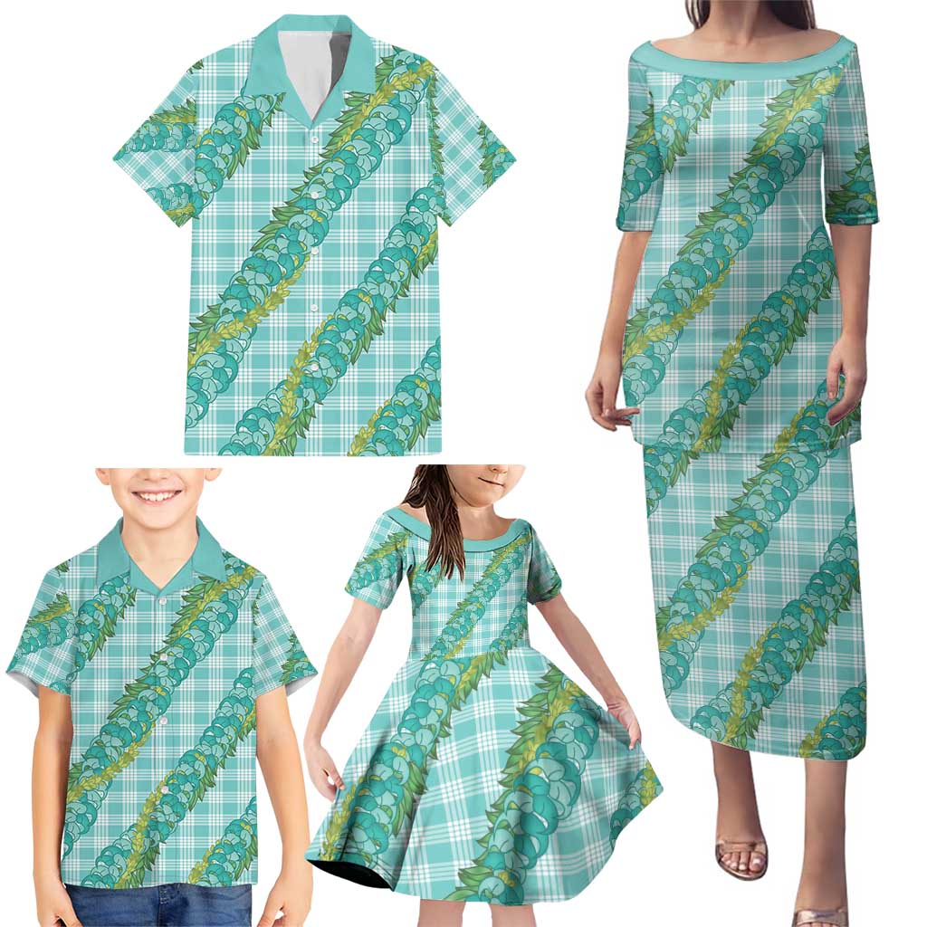 Hawaii Jade Vine Lei Family Matching Puletasi and Hawaiian Shirt Aloha Palaka Motif - Turquoise LT14 - Polynesian Pride