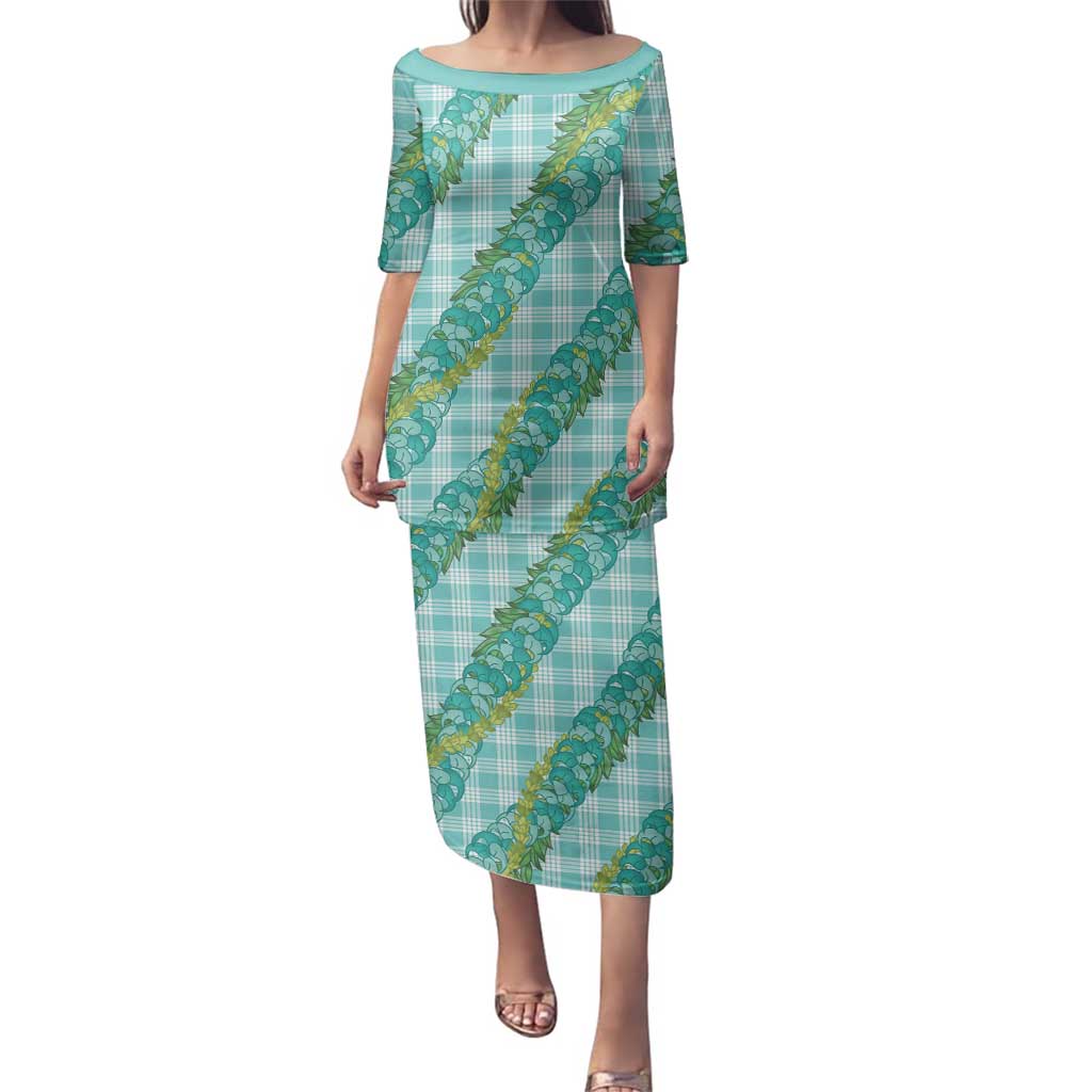Hawaii Jade Vine Lei Family Matching Puletasi and Hawaiian Shirt Aloha Palaka Motif - Turquoise LT14 Mom's Dress Turquoise - Polynesian Pride