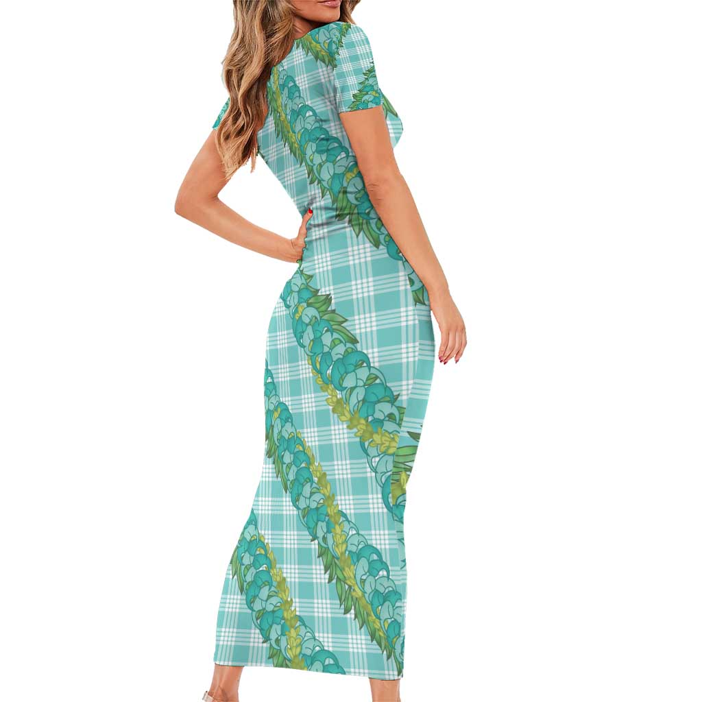 Hawaii Jade Vine Lei Family Matching Short Sleeve Bodycon Dress and Hawaiian Shirt Aloha Palaka Motif - Turquoise LT14 - Polynesian Pride