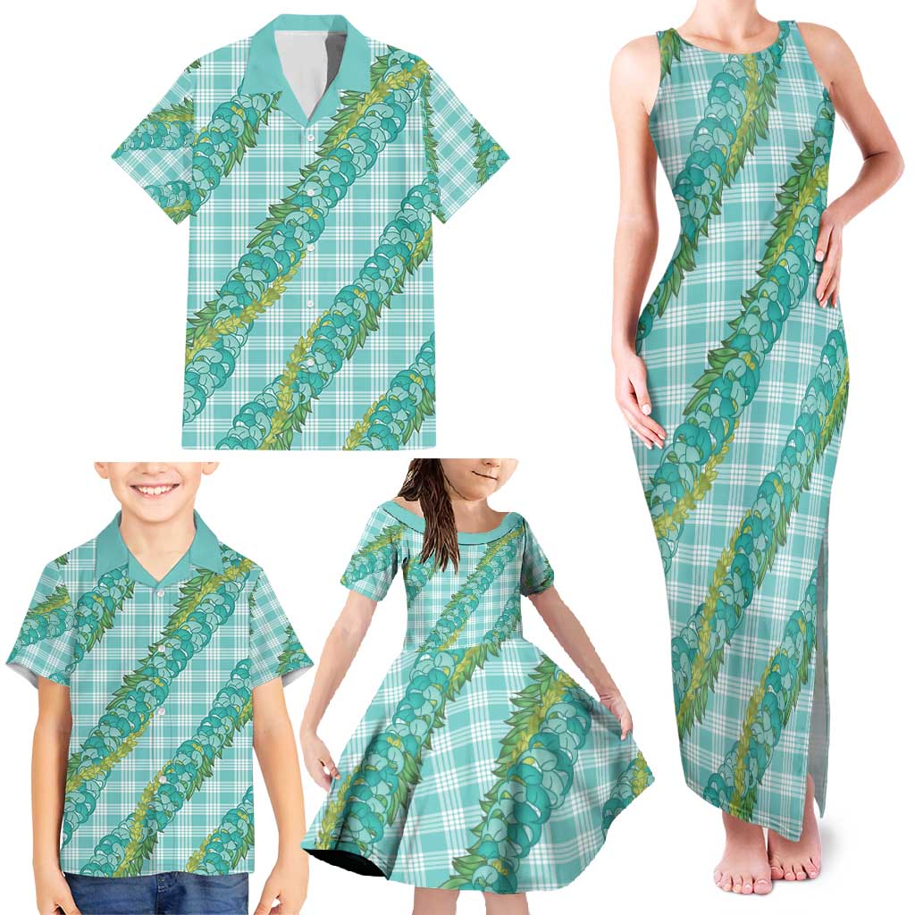 Hawaii Jade Vine Lei Family Matching Tank Maxi Dress and Hawaiian Shirt Aloha Palaka Motif - Turquoise LT14 - Polynesian Pride