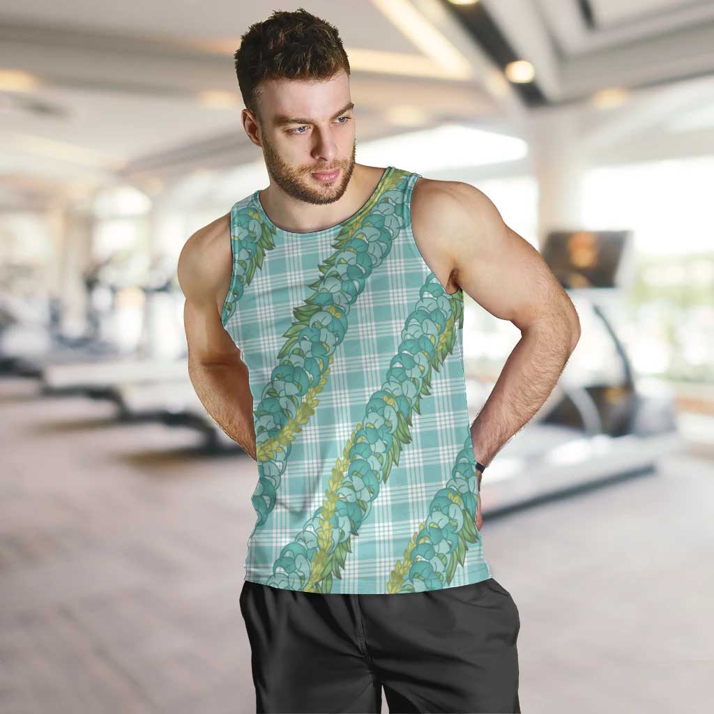 Hawaii Jade Vine Lei Men Tank Top Aloha Palaka Motif - Turquoise - Polynesian Pride