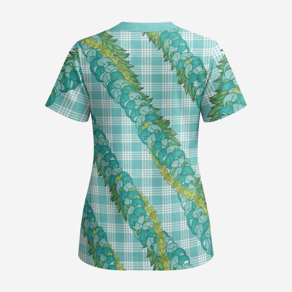 Hawaii Jade Vine Lei Scrub Top Aloha Palaka Motif - Turquoise - Polynesian Pride