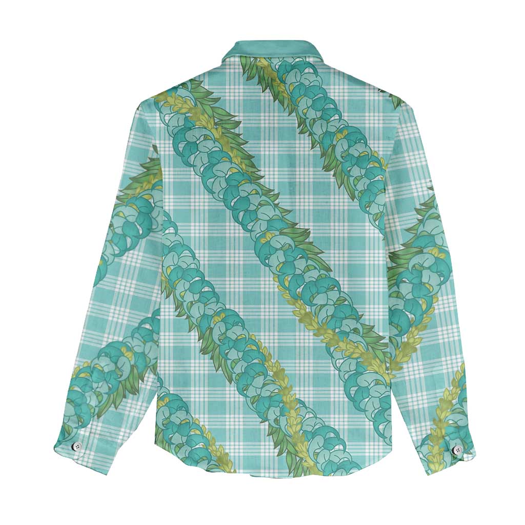 Hawaii Jade Vine Lei Women Casual Shirt Aloha Palaka Motif - Turquoise - Polynesian Pride