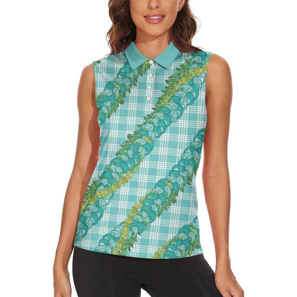 Hawaii Jade Vine Lei Women Sleeveless Polo Shirt Aloha Palaka Motif - Turquoise LT14 - Polynesian Pride
