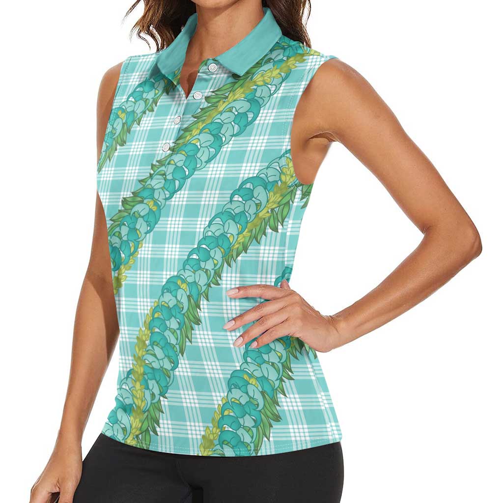 Hawaii Jade Vine Lei Women Sleeveless Polo Shirt Aloha Palaka Motif - Turquoise LT14 - Polynesian Pride