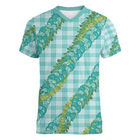 Hawaii Jade Vine Lei Women V-Neck T-Shirt Aloha Palaka Motif - Turquoise LT14 Female Turquoise - Polynesian Pride