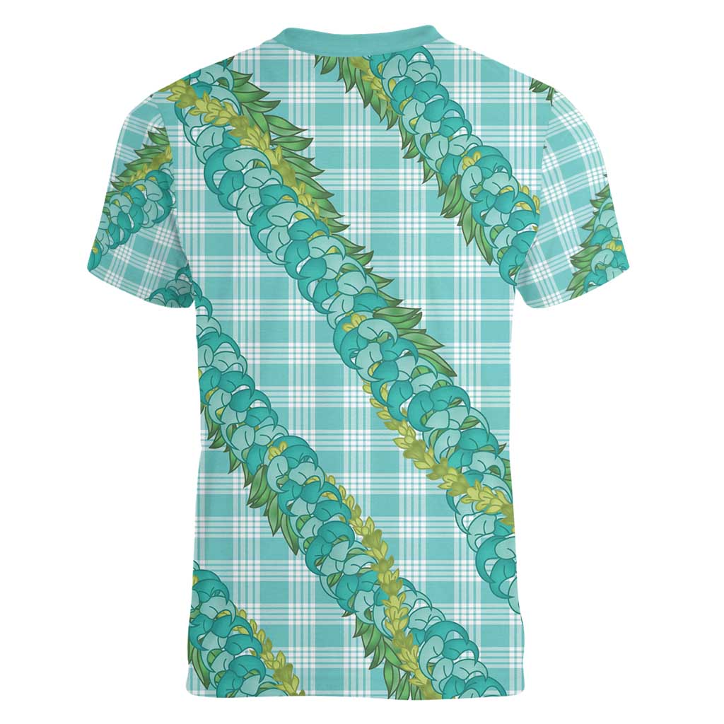 Hawaii Jade Vine Lei Women V-Neck T-Shirt Aloha Palaka Motif - Turquoise LT14 - Polynesian Pride
