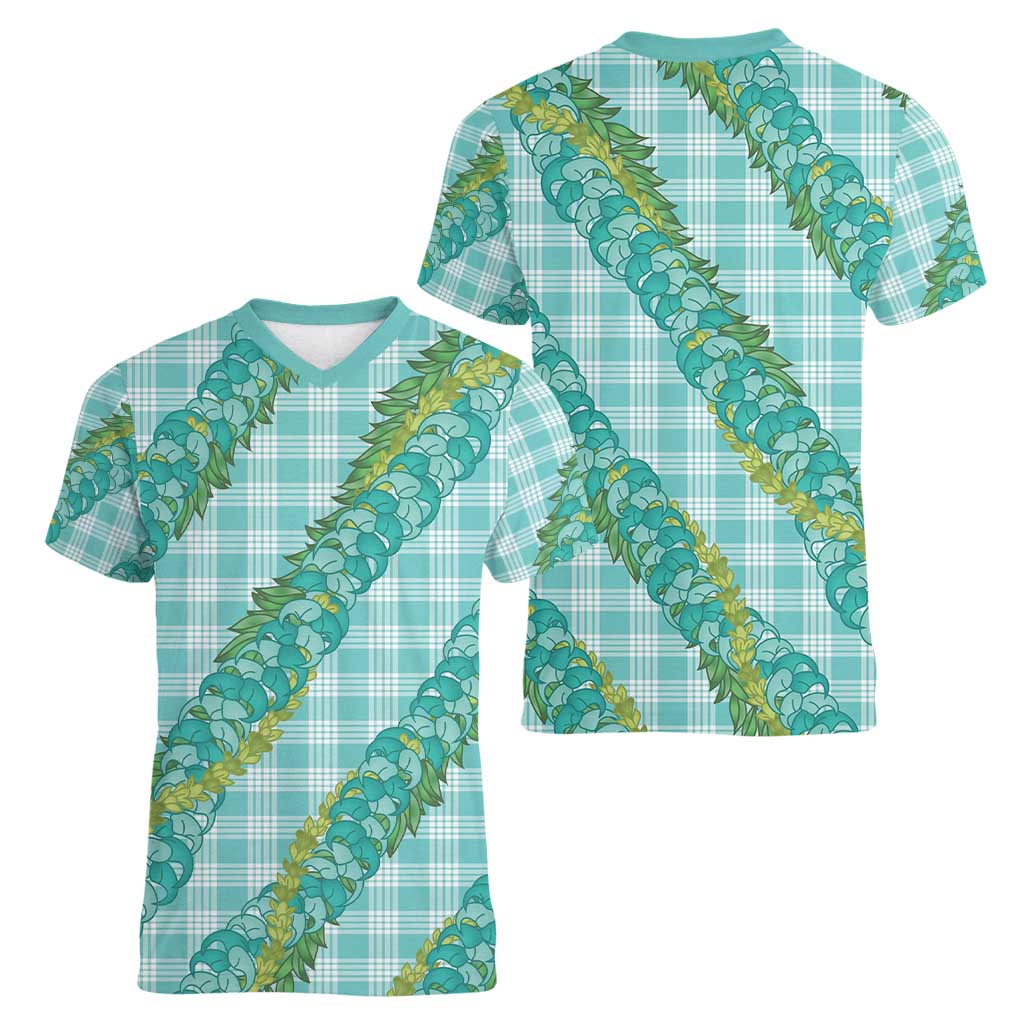 Hawaii Jade Vine Lei Women V-Neck T-Shirt Aloha Palaka Motif - Turquoise LT14 - Polynesian Pride