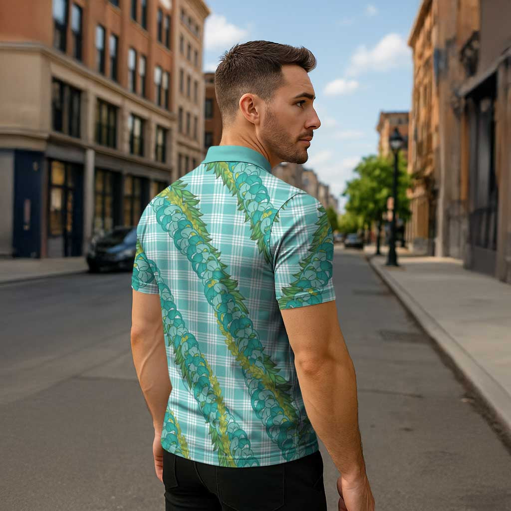 Hawaii Jade Vine Lei Zipper Polo Shirt Aloha Palaka Motif - Turquoise - Polynesian Pride