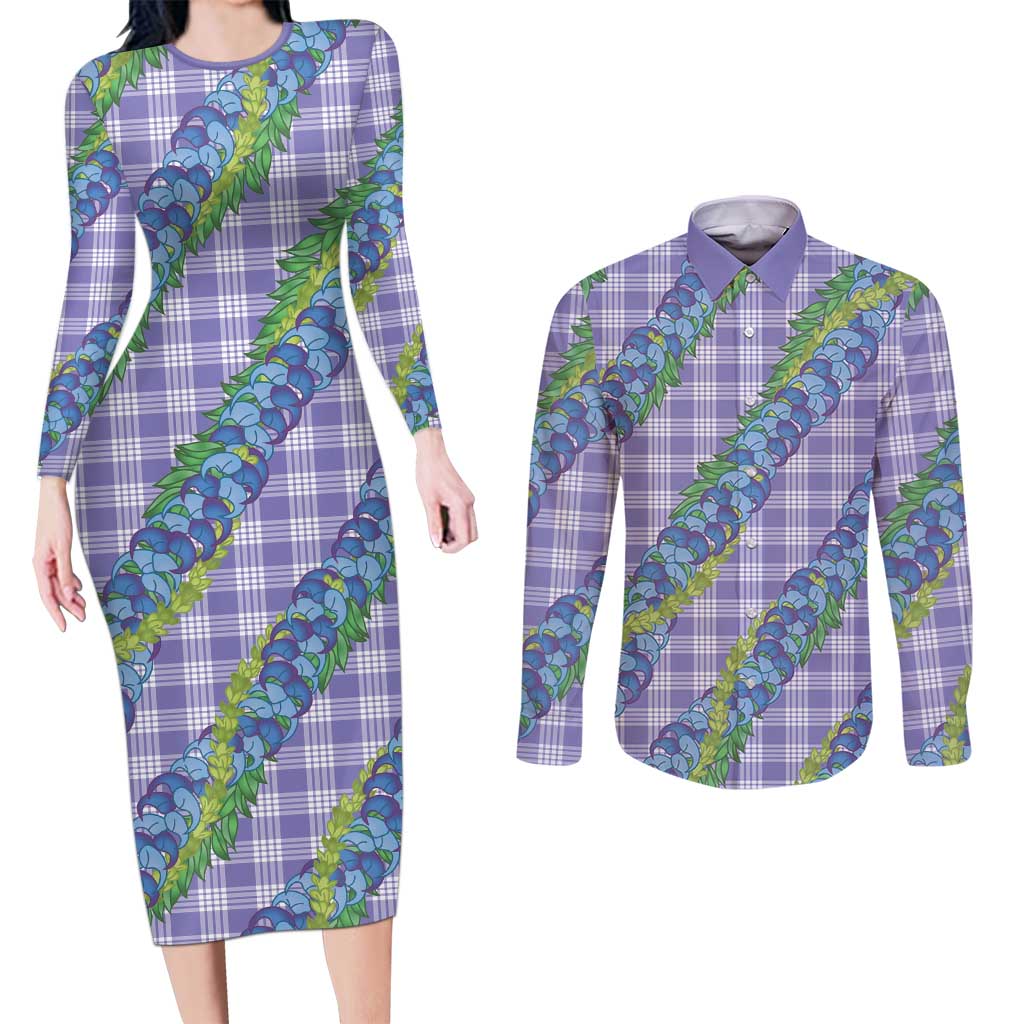 Hawaii Jade Vine Lei Couples Matching Long Sleeve Bodycon Dress and Long Sleeve Button Shirt Aloha Palaka Motif - Purple LT14 Purple - Polynesian Pride