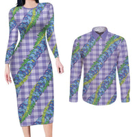 Hawaii Jade Vine Lei Couples Matching Long Sleeve Bodycon Dress and Long Sleeve Button Shirt Aloha Palaka Motif - Purple LT14 Purple - Polynesian Pride