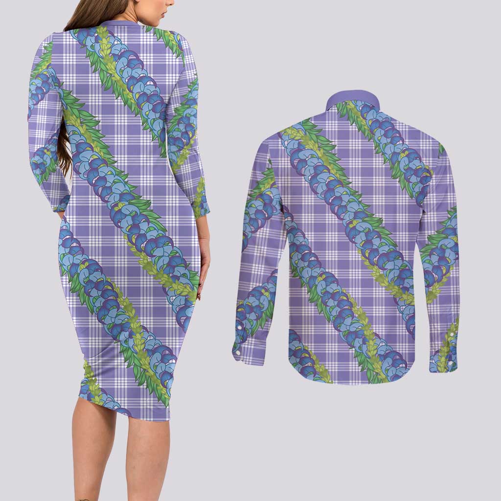 Hawaii Jade Vine Lei Couples Matching Long Sleeve Bodycon Dress and Long Sleeve Button Shirt Aloha Palaka Motif - Purple LT14 - Polynesian Pride