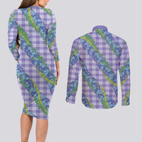 Hawaii Jade Vine Lei Couples Matching Long Sleeve Bodycon Dress and Long Sleeve Button Shirt Aloha Palaka Motif - Purple LT14 - Polynesian Pride