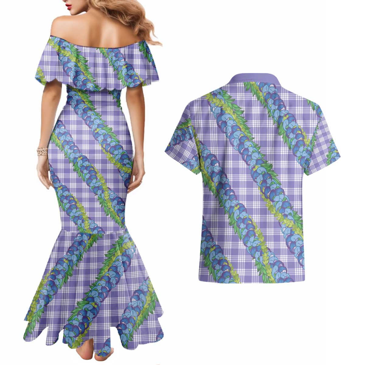 Hawaii Jade Vine Lei Couples Matching Mermaid Dress and Hawaiian Shirt Aloha Palaka Motif - Purple LT14 - Polynesian Pride
