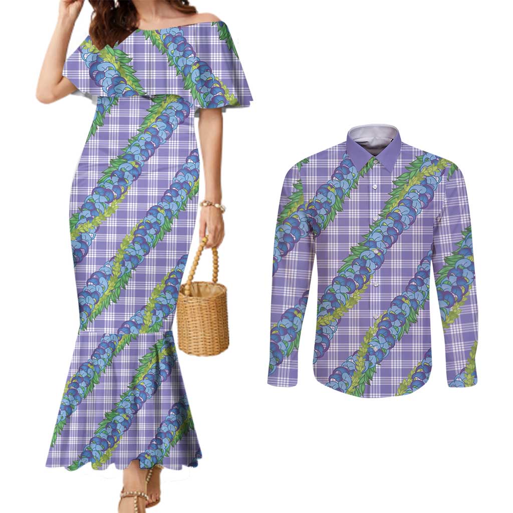 Hawaii Jade Vine Lei Couples Matching Mermaid Dress and Long Sleeve Button Shirt Aloha Palaka Motif - Purple LT14 Purple - Polynesian Pride