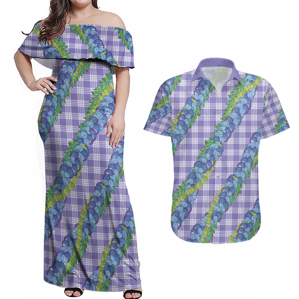 Hawaii Jade Vine Lei Couples Matching Off Shoulder Maxi Dress and Hawaiian Shirt Aloha Palaka Motif - Purple LT14 Purple - Polynesian Pride