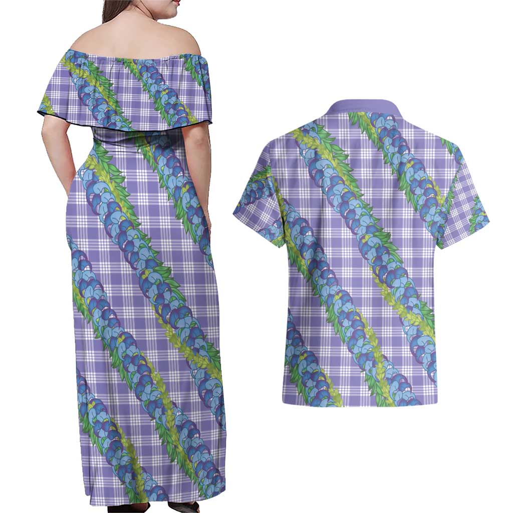Hawaii Jade Vine Lei Couples Matching Off Shoulder Maxi Dress and Hawaiian Shirt Aloha Palaka Motif - Purple LT14 - Polynesian Pride