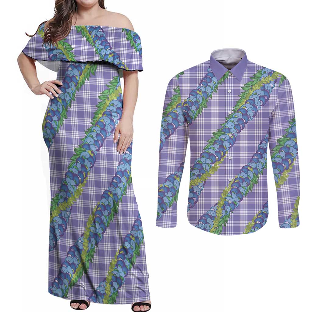 Hawaii Jade Vine Lei Couples Matching Off Shoulder Maxi Dress and Long Sleeve Button Shirt Aloha Palaka Motif - Purple LT14 Purple - Polynesian Pride
