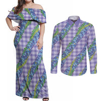 Hawaii Jade Vine Lei Couples Matching Off Shoulder Maxi Dress and Long Sleeve Button Shirt Aloha Palaka Motif - Purple LT14 Purple - Polynesian Pride