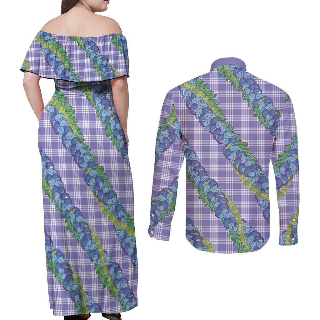Hawaii Jade Vine Lei Couples Matching Off Shoulder Maxi Dress and Long Sleeve Button Shirt Aloha Palaka Motif - Purple LT14 - Polynesian Pride
