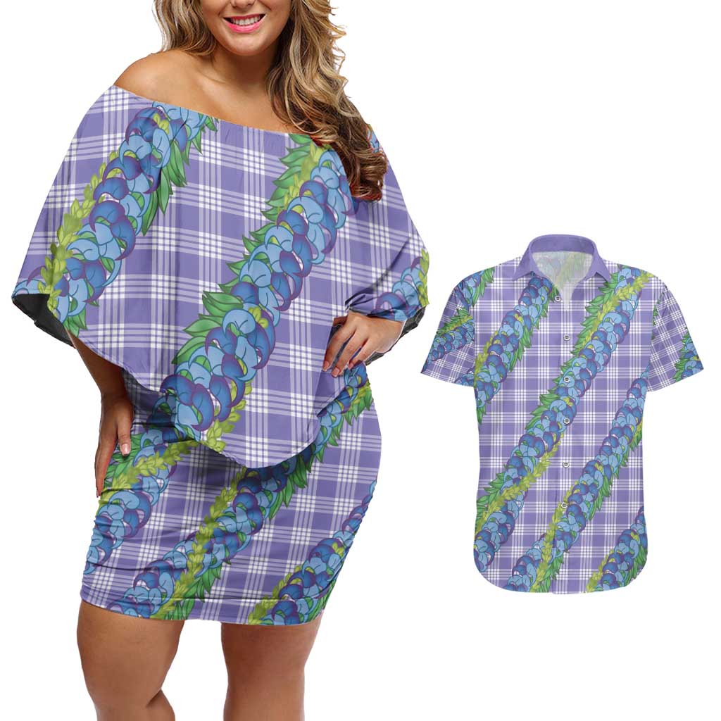 Hawaii Jade Vine Lei Couples Matching Off Shoulder Short Dress and Hawaiian Shirt Aloha Palaka Motif - Purple LT14 Purple - Polynesian Pride