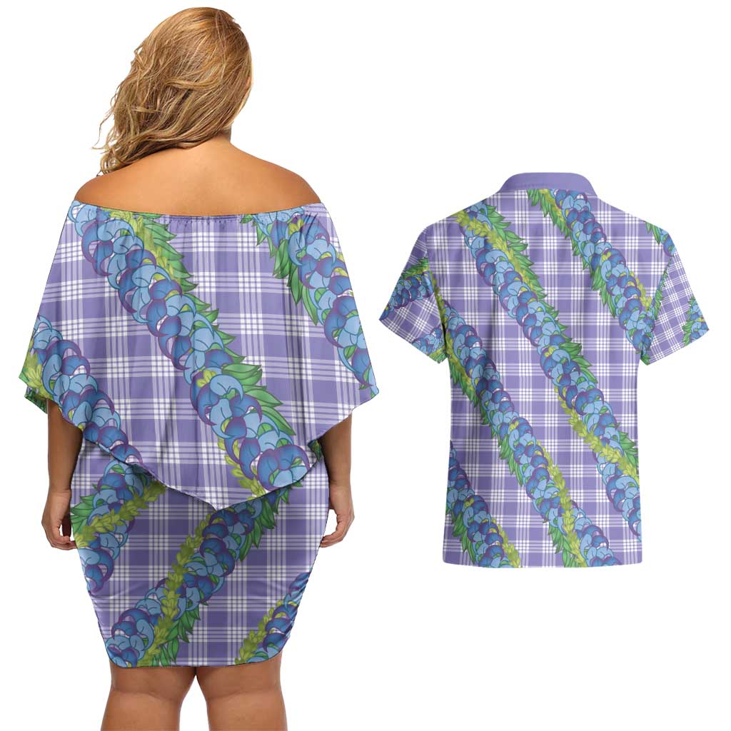 Hawaii Jade Vine Lei Couples Matching Off Shoulder Short Dress and Hawaiian Shirt Aloha Palaka Motif - Purple LT14 - Polynesian Pride