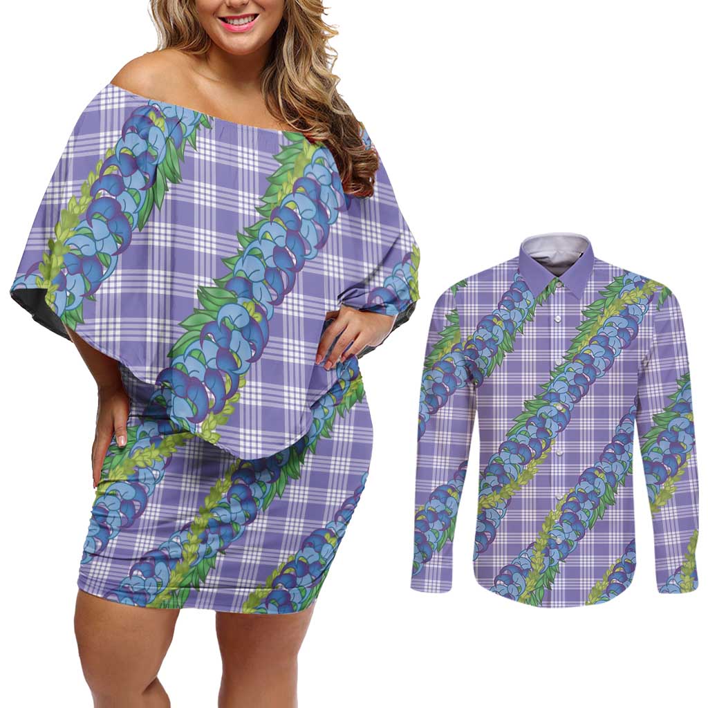 Hawaii Jade Vine Lei Couples Matching Off Shoulder Short Dress and Long Sleeve Button Shirt Aloha Palaka Motif - Purple LT14 Purple - Polynesian Pride