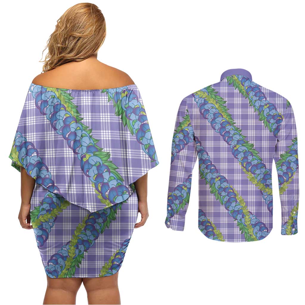 Hawaii Jade Vine Lei Couples Matching Off Shoulder Short Dress and Long Sleeve Button Shirt Aloha Palaka Motif - Purple LT14 - Polynesian Pride