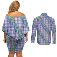 Hawaii Jade Vine Lei Couples Matching Off Shoulder Short Dress and Long Sleeve Button Shirt Aloha Palaka Motif - Purple LT14 - Polynesian Pride