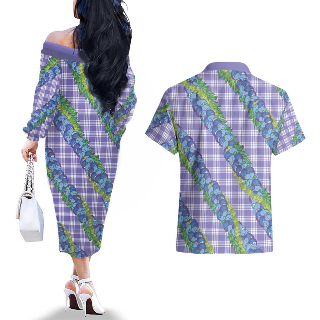 Hawaii Jade Vine Lei Couples Matching Off The Shoulder Long Sleeve Dress and Hawaiian Shirt Aloha Palaka Motif - Purple LT14 - Polynesian Pride