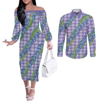 Hawaii Jade Vine Lei Couples Matching Off The Shoulder Long Sleeve Dress and Long Sleeve Button Shirt Aloha Palaka Motif - Purple LT14 Purple - Polynesian Pride