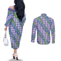 Hawaii Jade Vine Lei Couples Matching Off The Shoulder Long Sleeve Dress and Long Sleeve Button Shirt Aloha Palaka Motif - Purple LT14 - Polynesian Pride