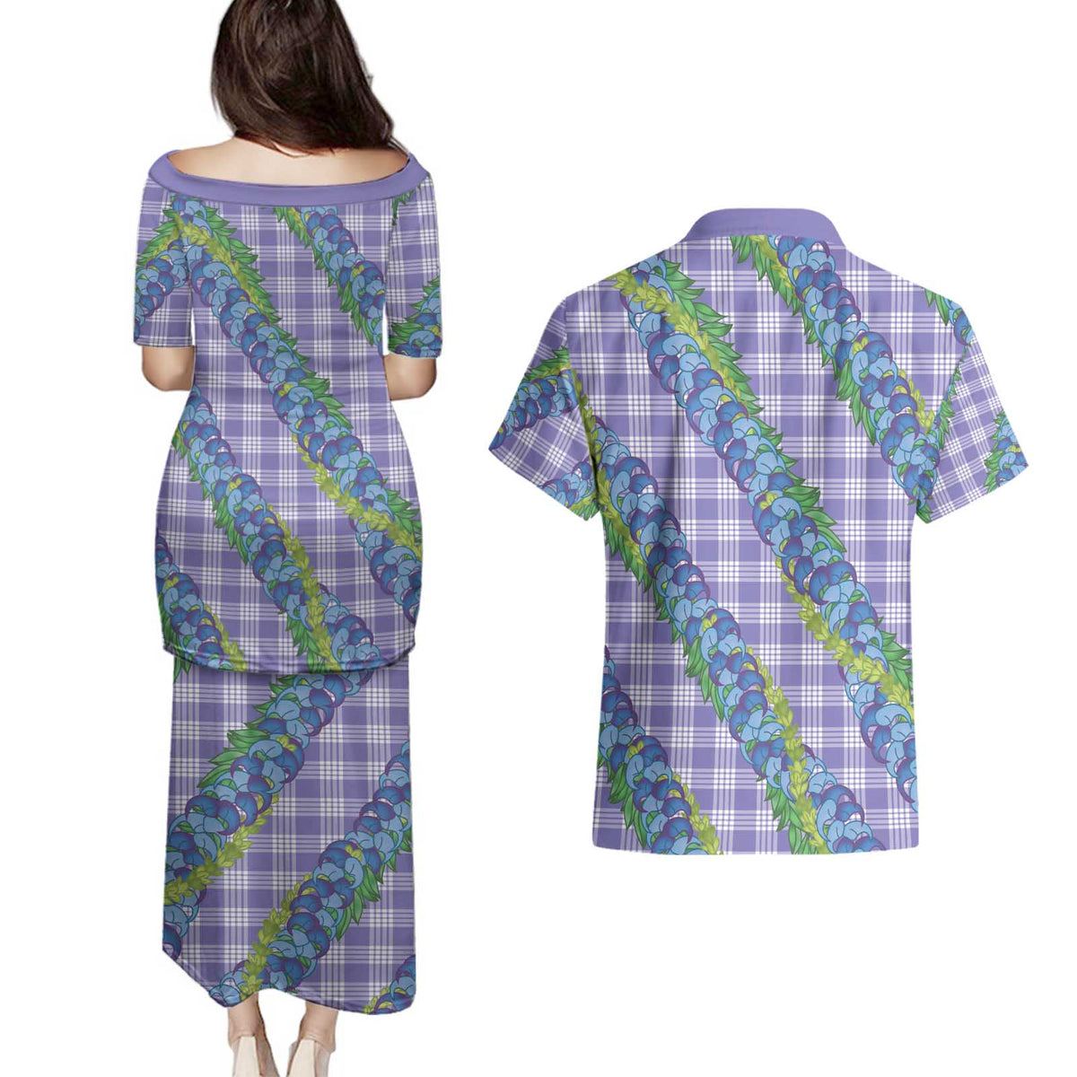 Hawaii Jade Vine Lei Couples Matching Puletasi and Hawaiian Shirt Aloha Palaka Motif - Purple LT14 - Polynesian Pride