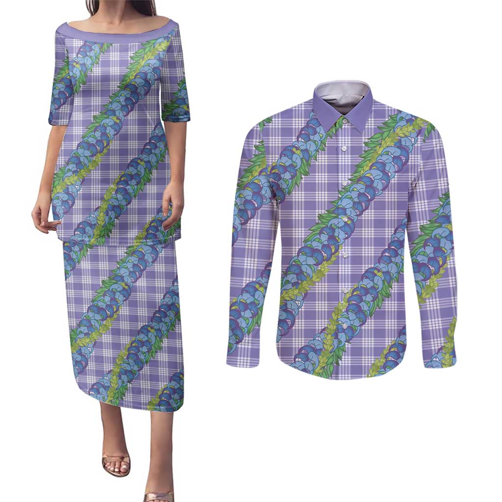 Hawaii Jade Vine Lei Couples Matching Puletasi and Long Sleeve Button Shirt Aloha Palaka Motif - Purple LT14 Purple - Polynesian Pride