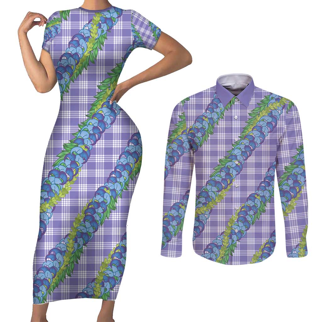 Hawaii Jade Vine Lei Couples Matching Short Sleeve Bodycon Dress and Long Sleeve Button Shirt Aloha Palaka Motif - Purple LT14 Purple - Polynesian Pride